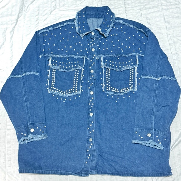 Rhinestone Studded Denim Shirt Jacket 3XL Western Fringe Raw Hem - Picture 3 of 8